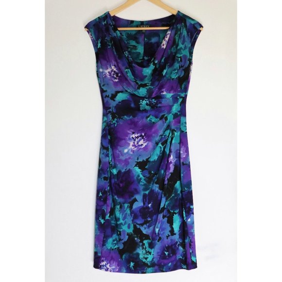 Ralph Lauren Purple, Teal, and Black Fitted Cowl Neck Dress - Picture 1 of 9